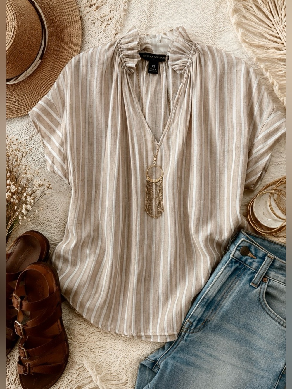 Banana Republic Beige Ivory Striped Ruffle Neck Rayon Blend Blouse | XS